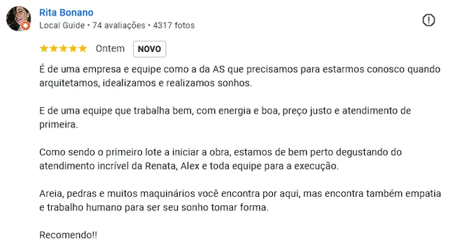 Avaliação do Google por Rita Bonano elogiando equipe, preço justo e atendimento.